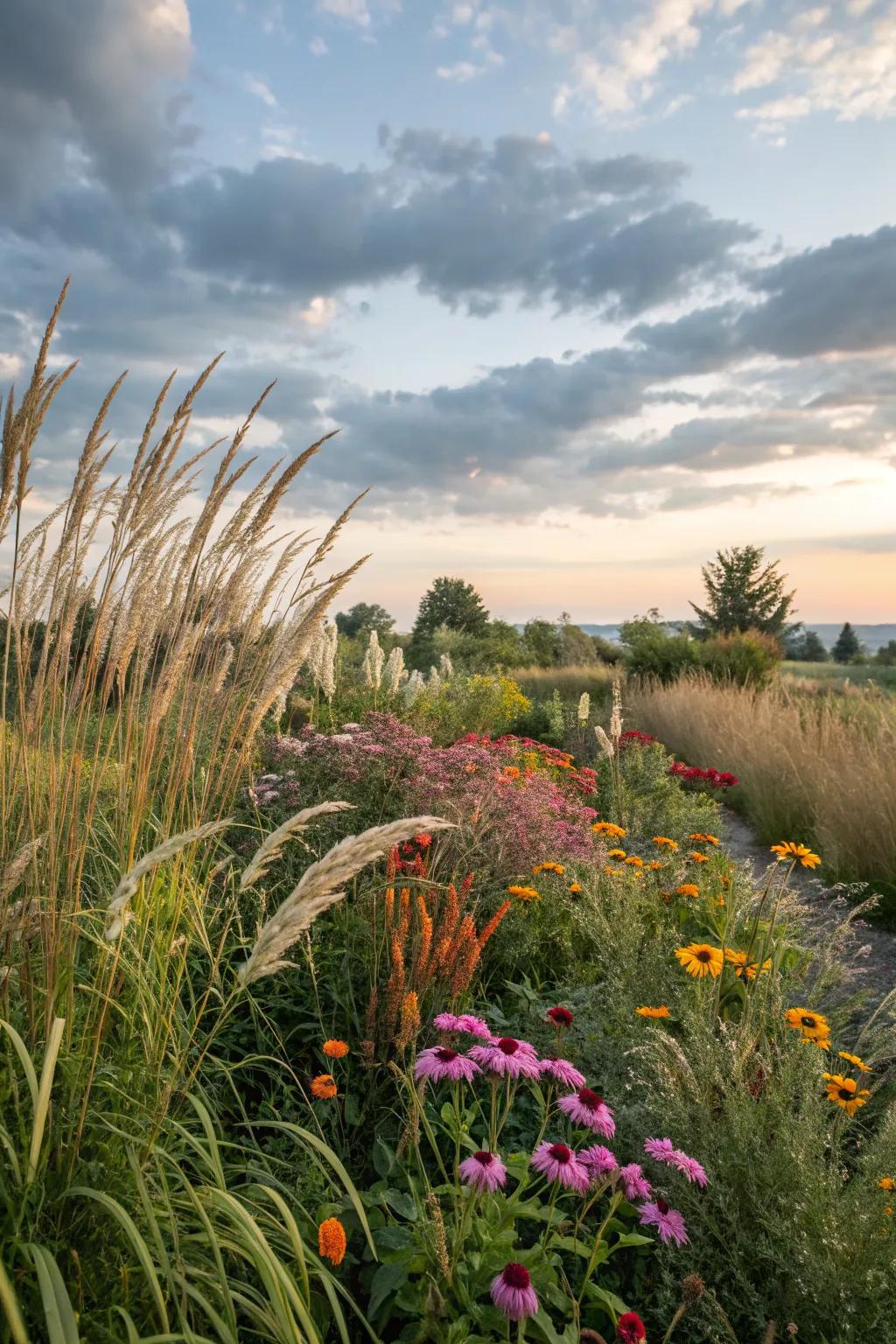 A colorful mix of tall grasses and blooming flowers creating a vibrant garden scene.