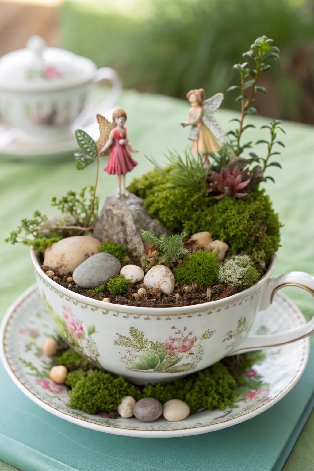 A magical fairy wonderland in a teacup.