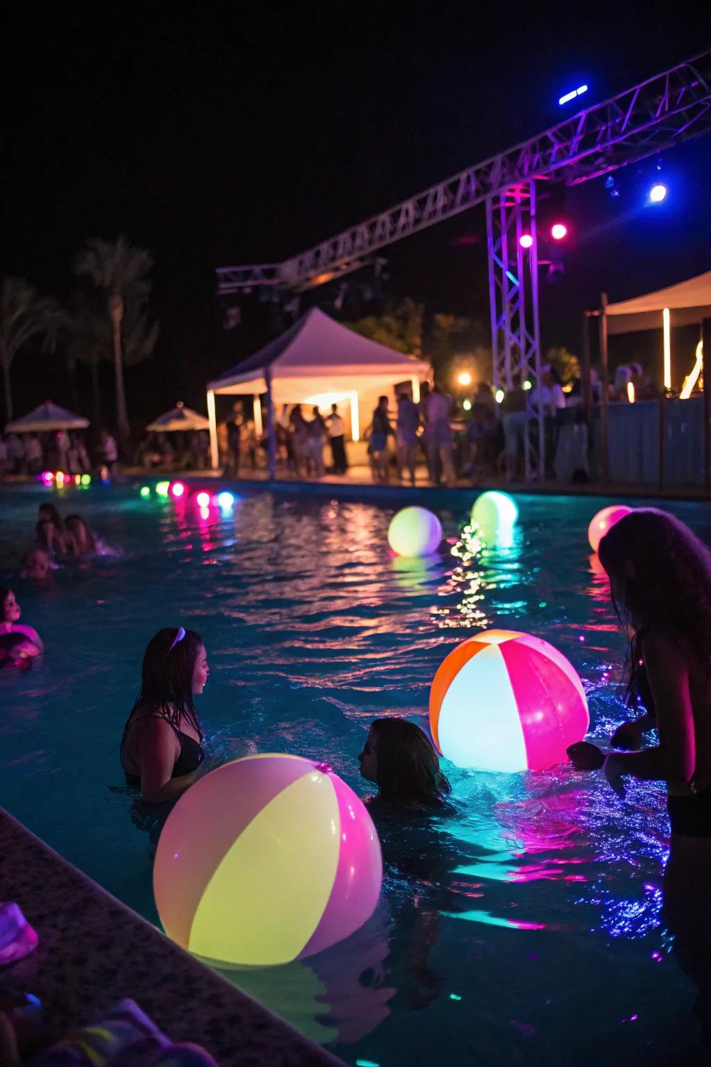 A glow-in-the-dark pool party with neon lights and glowing beach balls.