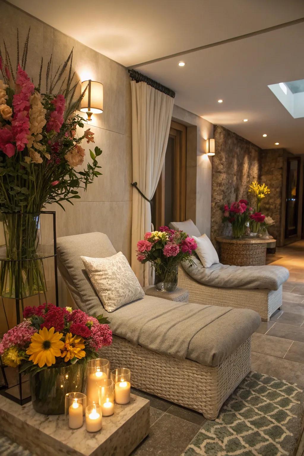 A cozy and inviting spa corner sets a calming mood for the party.