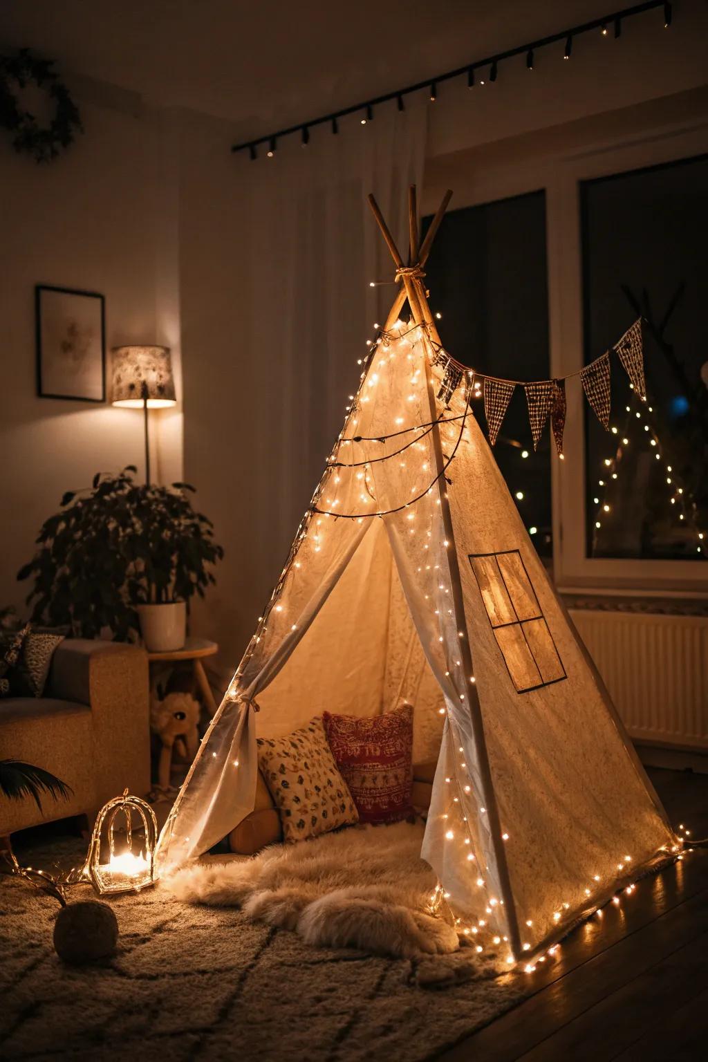 Fairy lights transform any teepee into a magical retreat.