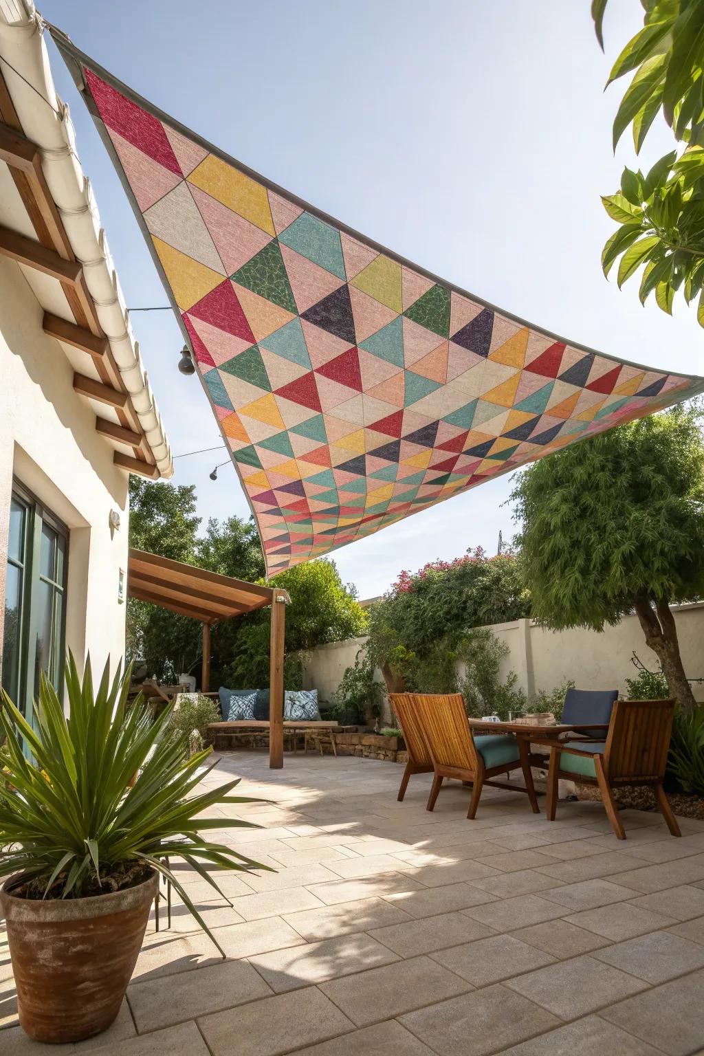 Vibrant shade sails casting dynamic shadows over a patio.