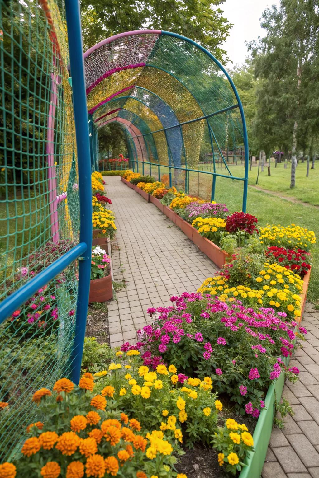 Colorful netting adds a fun touch while protecting your garden.