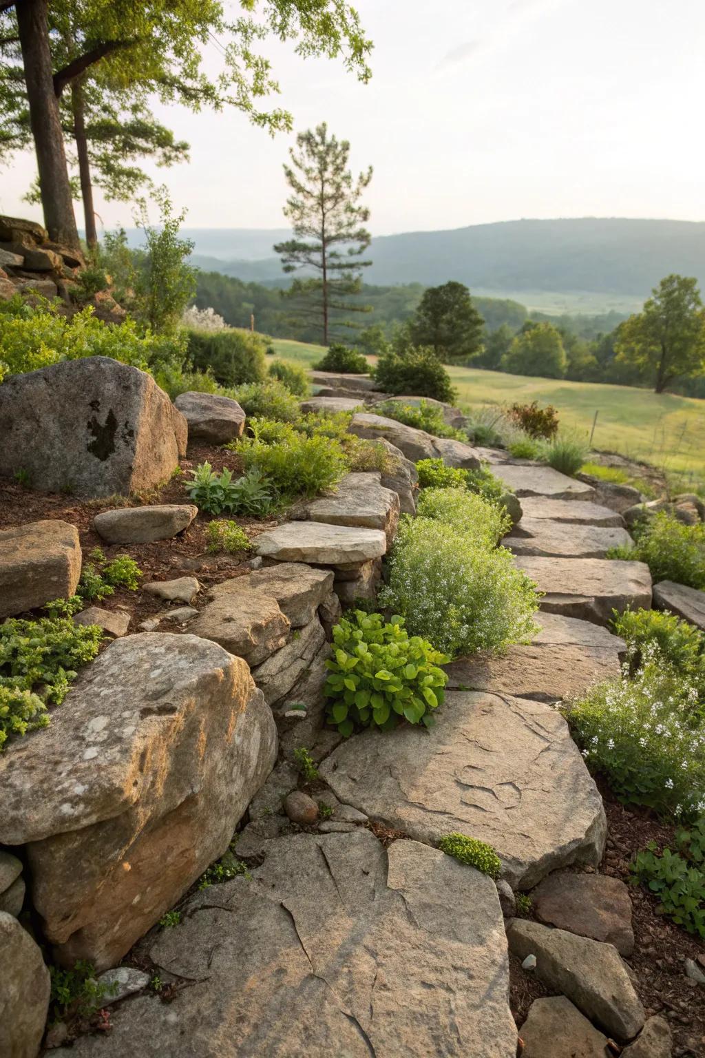 A rock garden adds rustic charm and requires minimal upkeep.