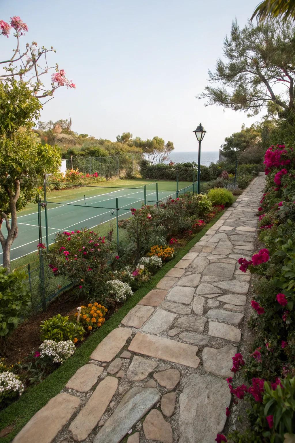 Inviting pathways enhance the approach to your tennis court.
