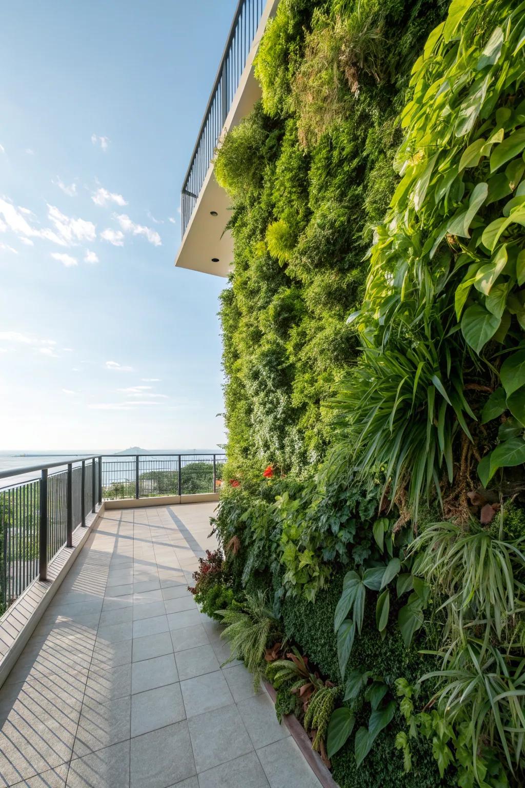 A lush vertical garden adds life and color to a terrace wall.