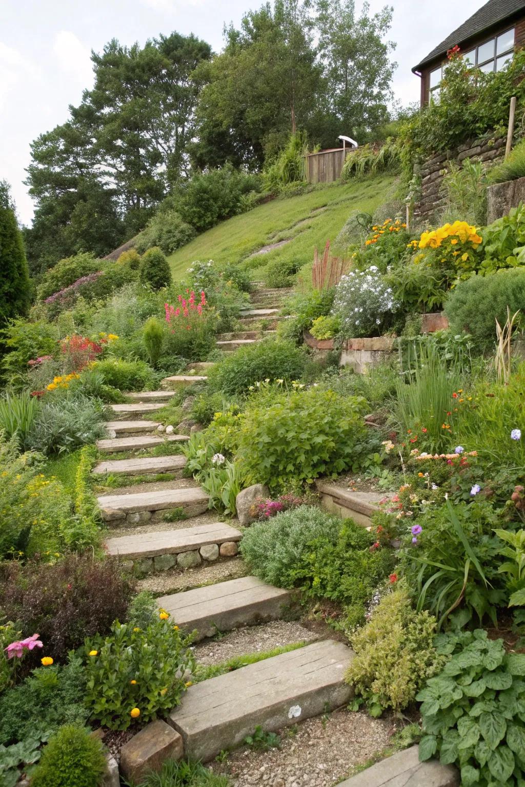 A stepped terraced garden on a slope, featuring a variety of plants and charming stepping stones.