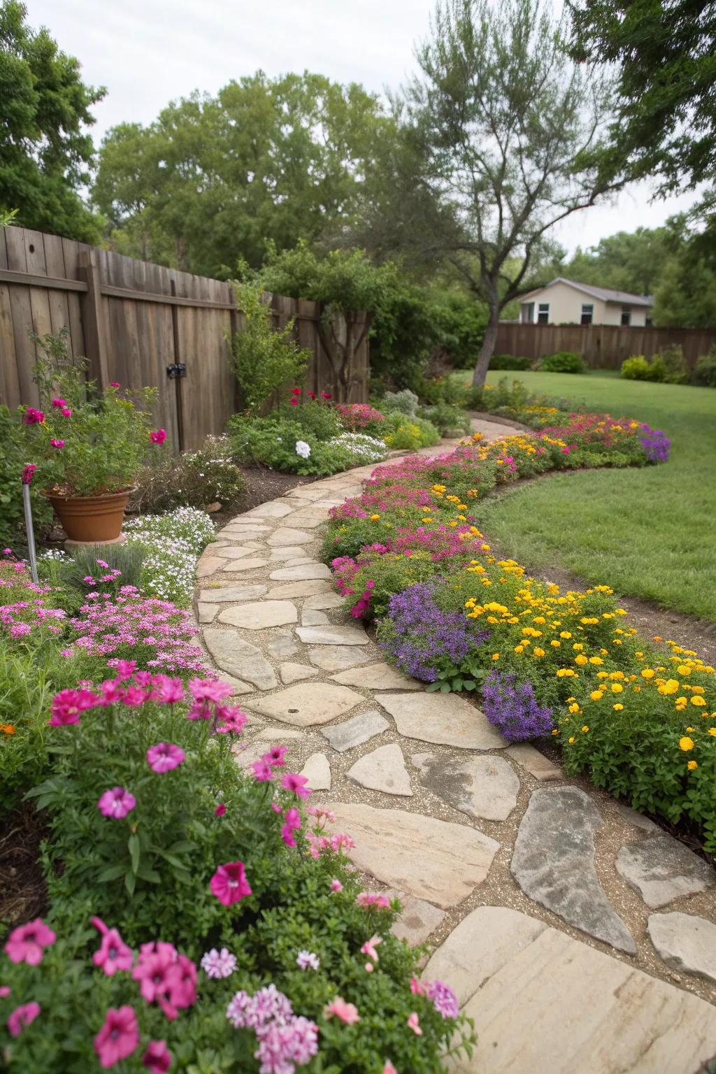 Charming stone pathway amidst colorful Texas blooms.