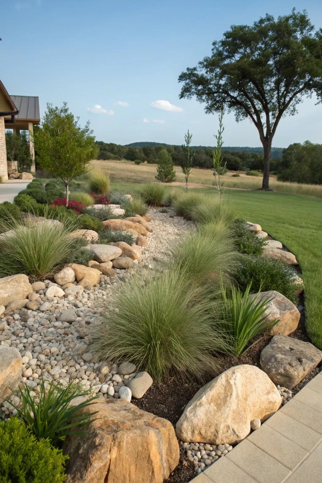 A well-designed rock garden with ornamental grasses.