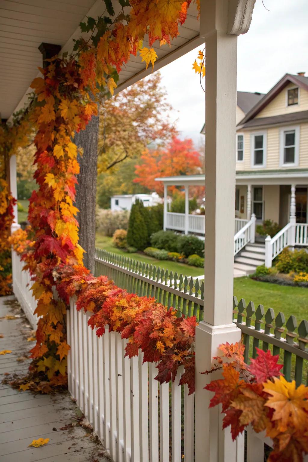 Vibrant autumn leaf garlands bring warmth to porch railings.