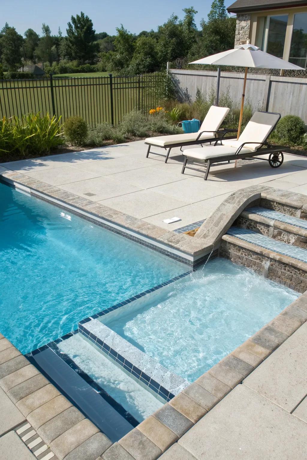 Enjoy sunbathing on a stylish tanning ledge by your pool.