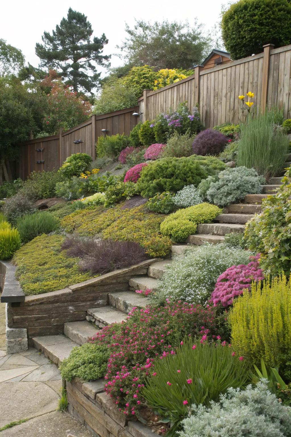Lush plantings bring life and color to every level.