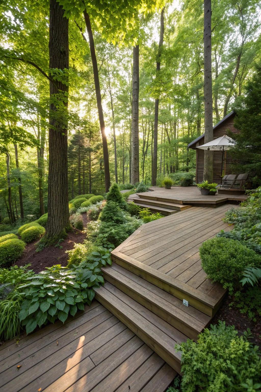 A deck that seamlessly blends with nature, featuring lush greenery.