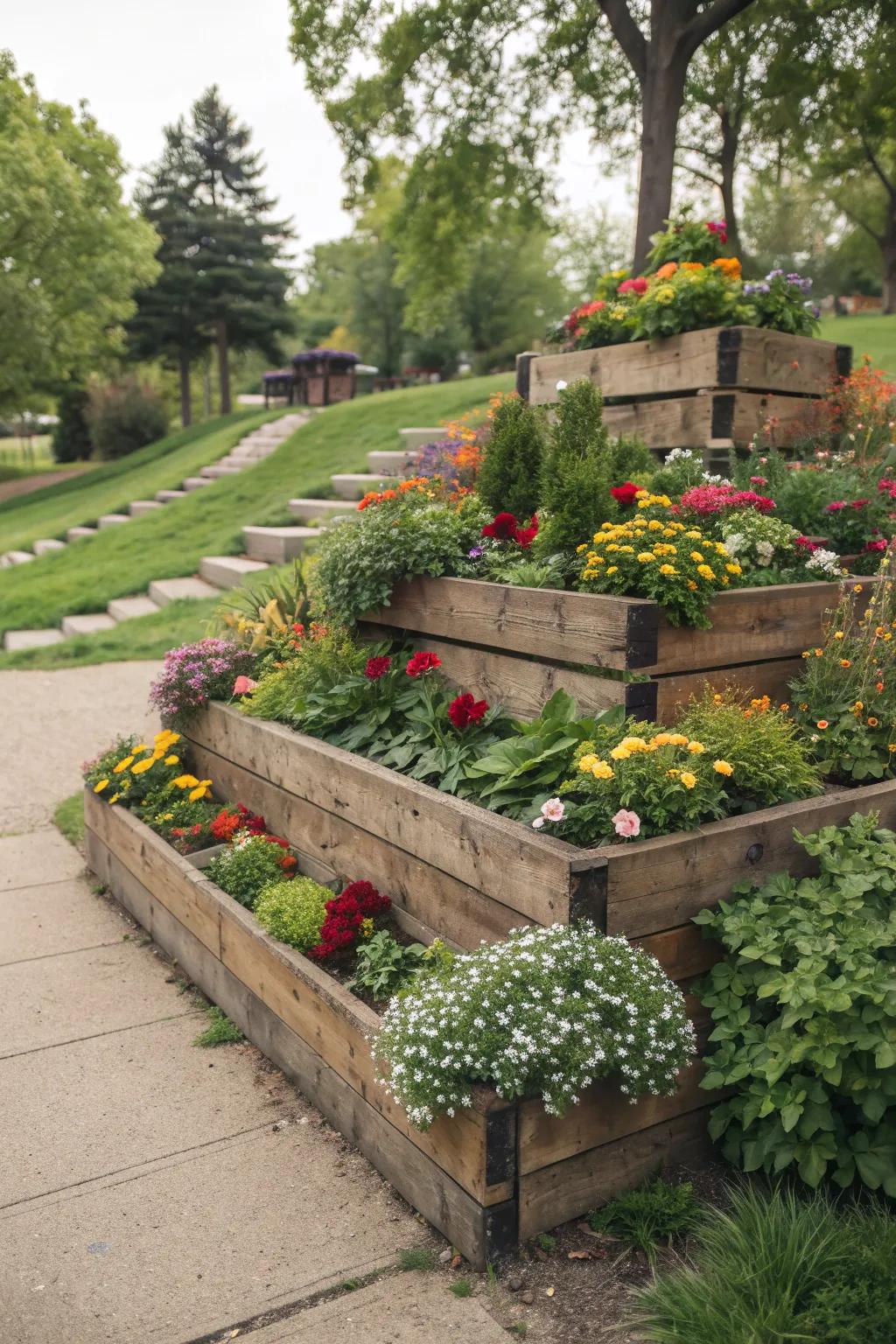 Wooden tiers offer a rustic and inviting touch to any garden.