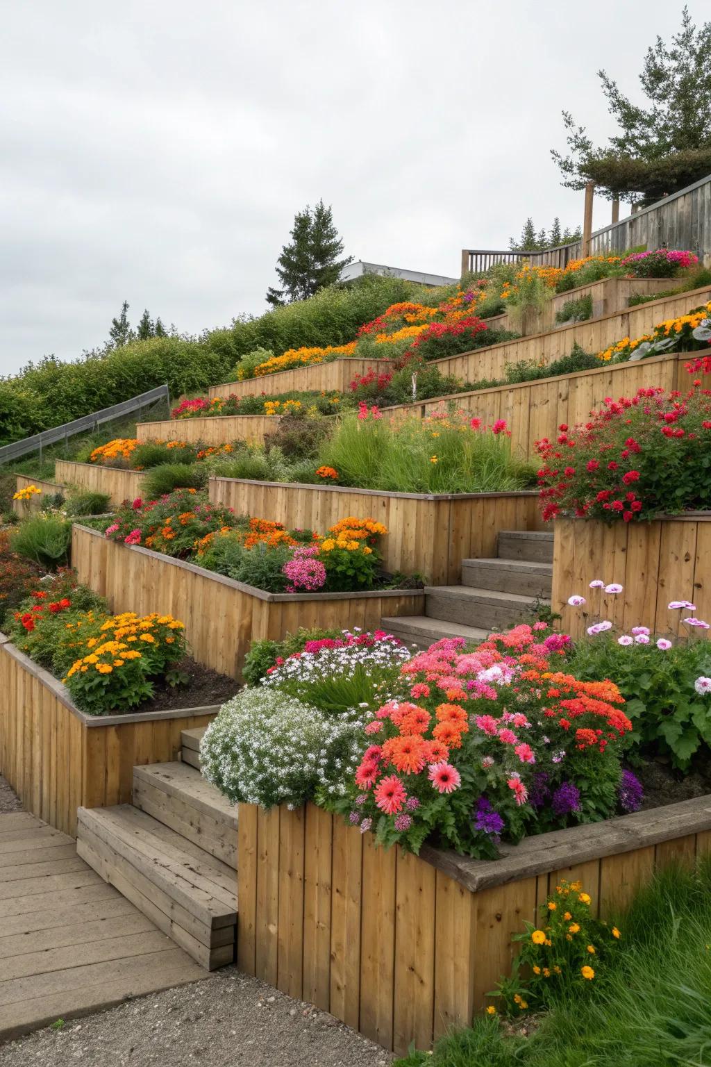 Wooden retaining walls bring warmth to your tiered garden.