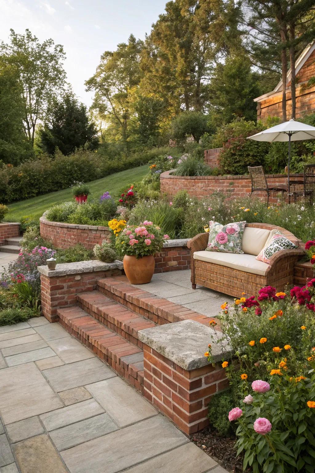 Brick walls add warmth and a classic touch to tiered gardens.
