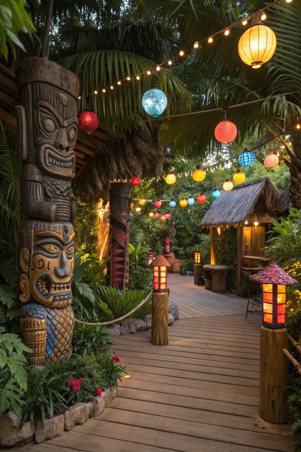 Tiki statues and colorful lanterns add a festive touch to the deck