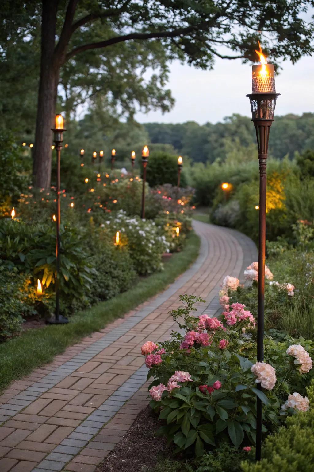 Illuminate garden paths with tiki torches for a magical walkway.