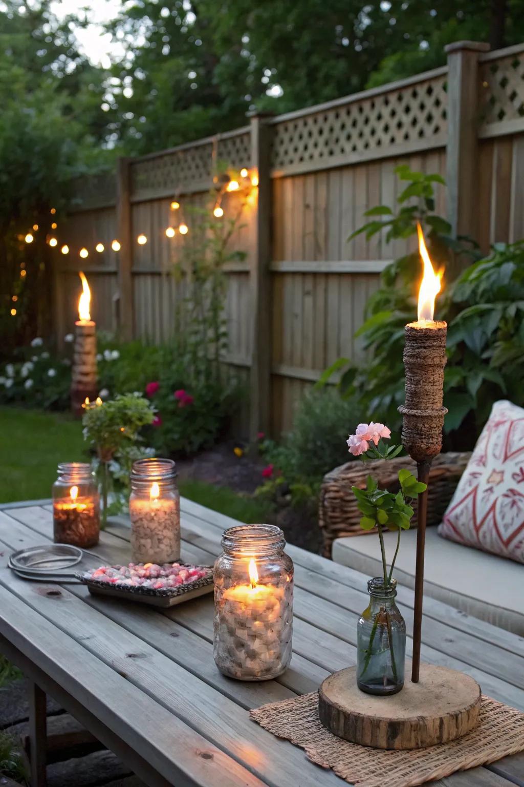 Mason jar tiki torches provide a charming and rustic lighting solution for outdoor gatherings.