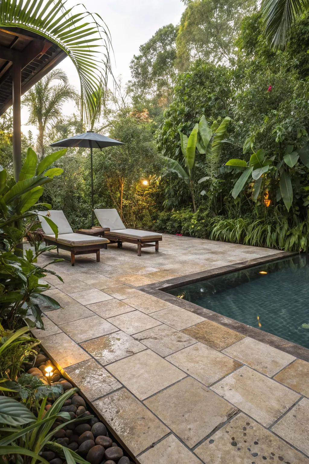 Natural stone tiles offer a tranquil, earthy vibe to your pool deck.
