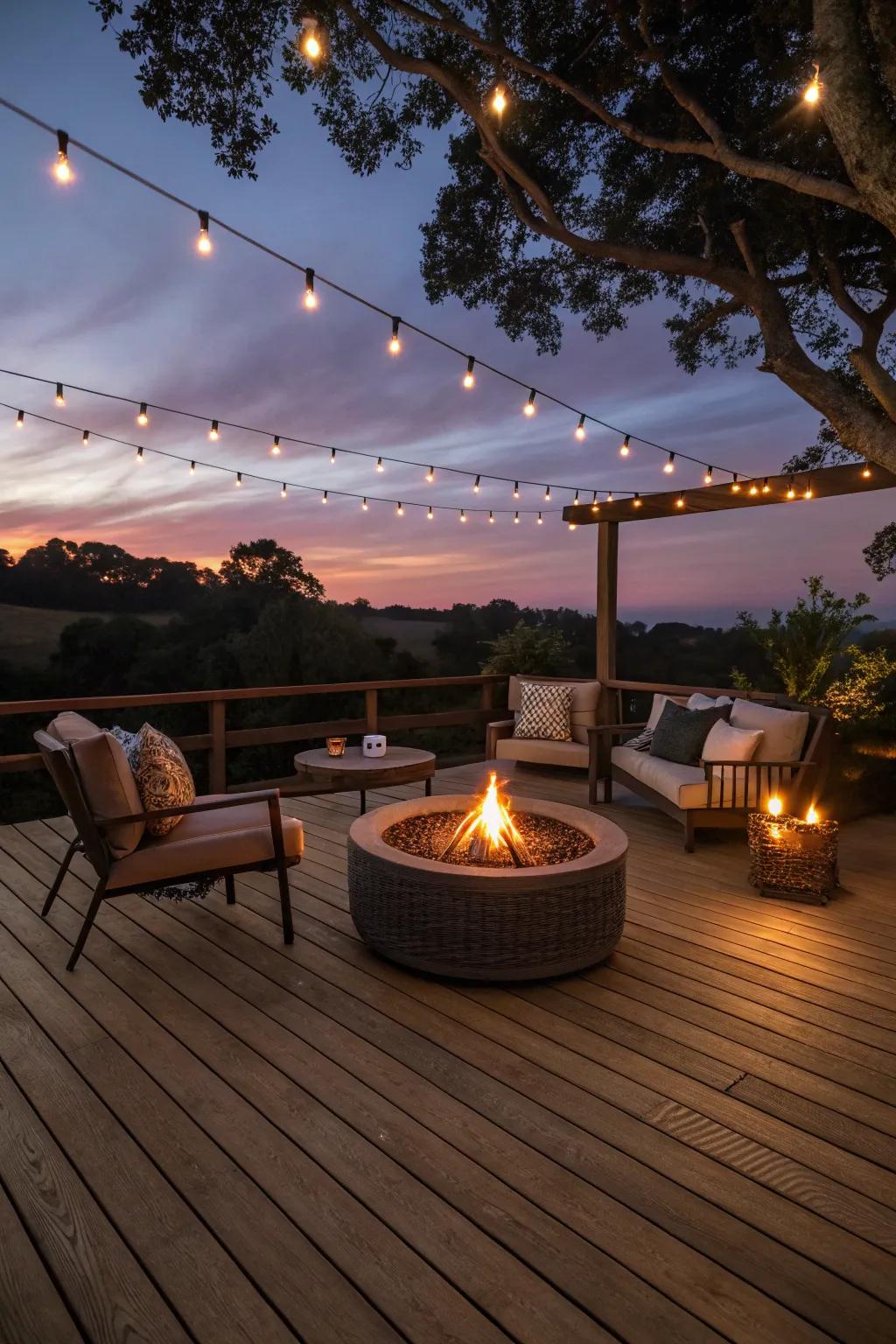 A timber deck transformed into a cozy evening retreat with a fire pit.