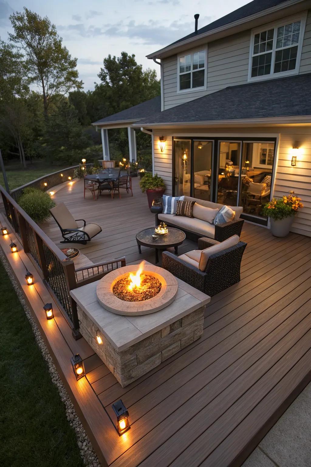 A fire pit brings warmth and a focal point to your deck design.