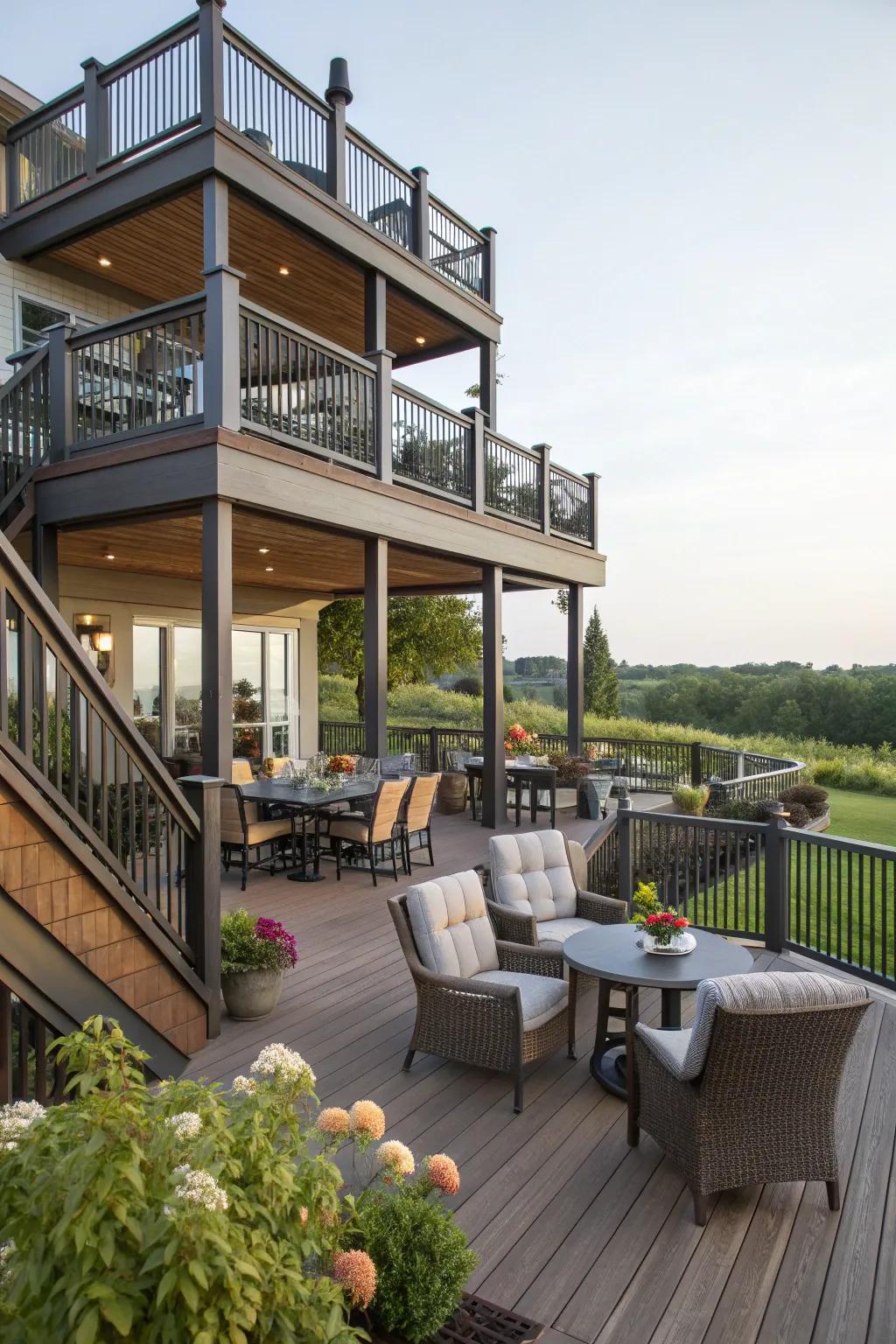 A well-designed multi-level deck offering different areas for relaxation and dining.