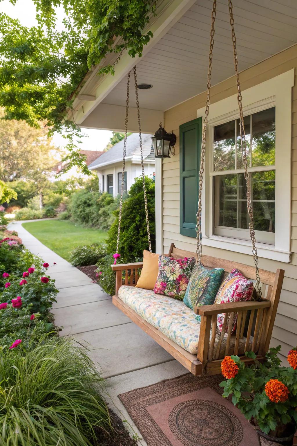 Swing your worries away on this tiny house porch.