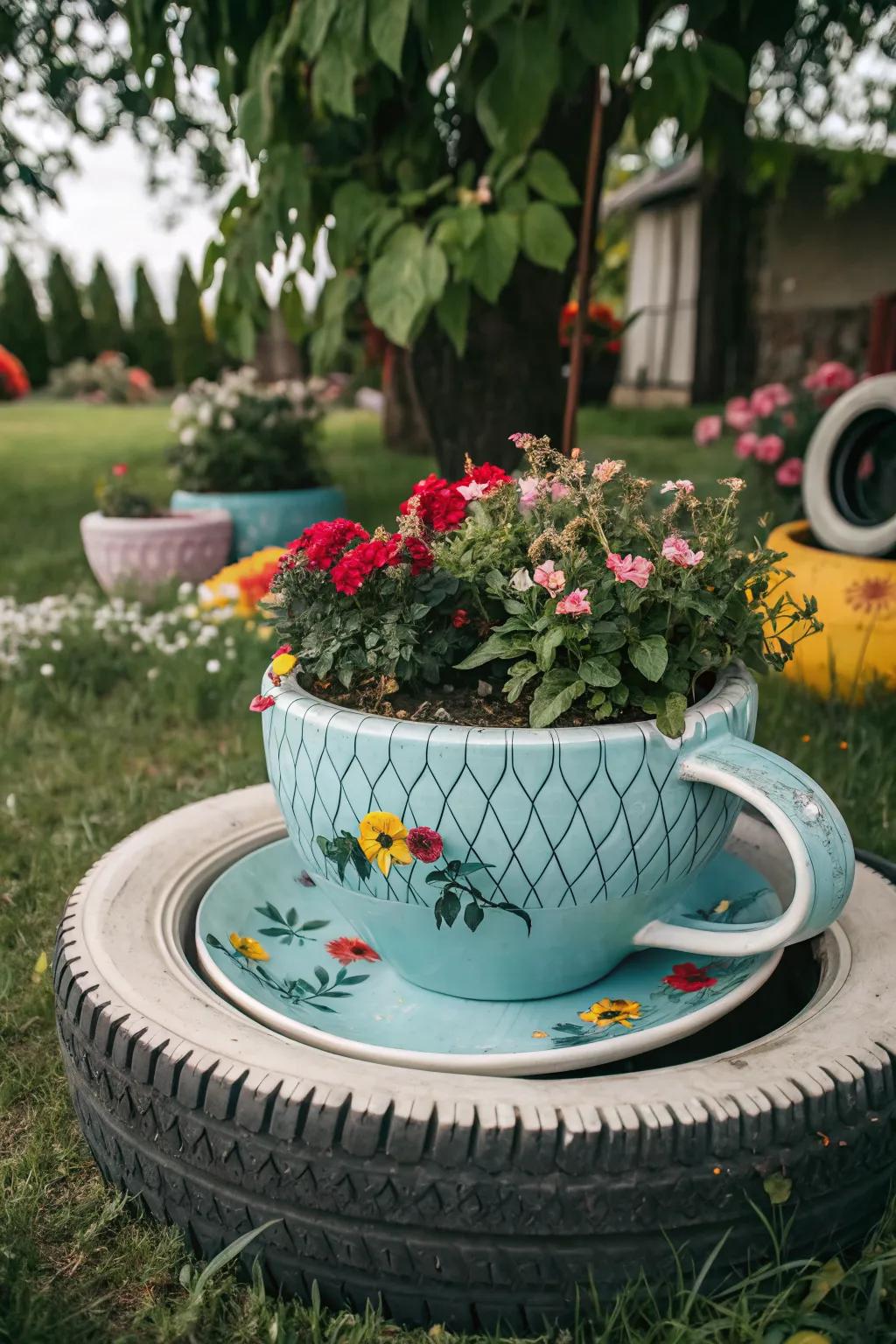 Teacup planters bring a whimsical touch to garden decor.