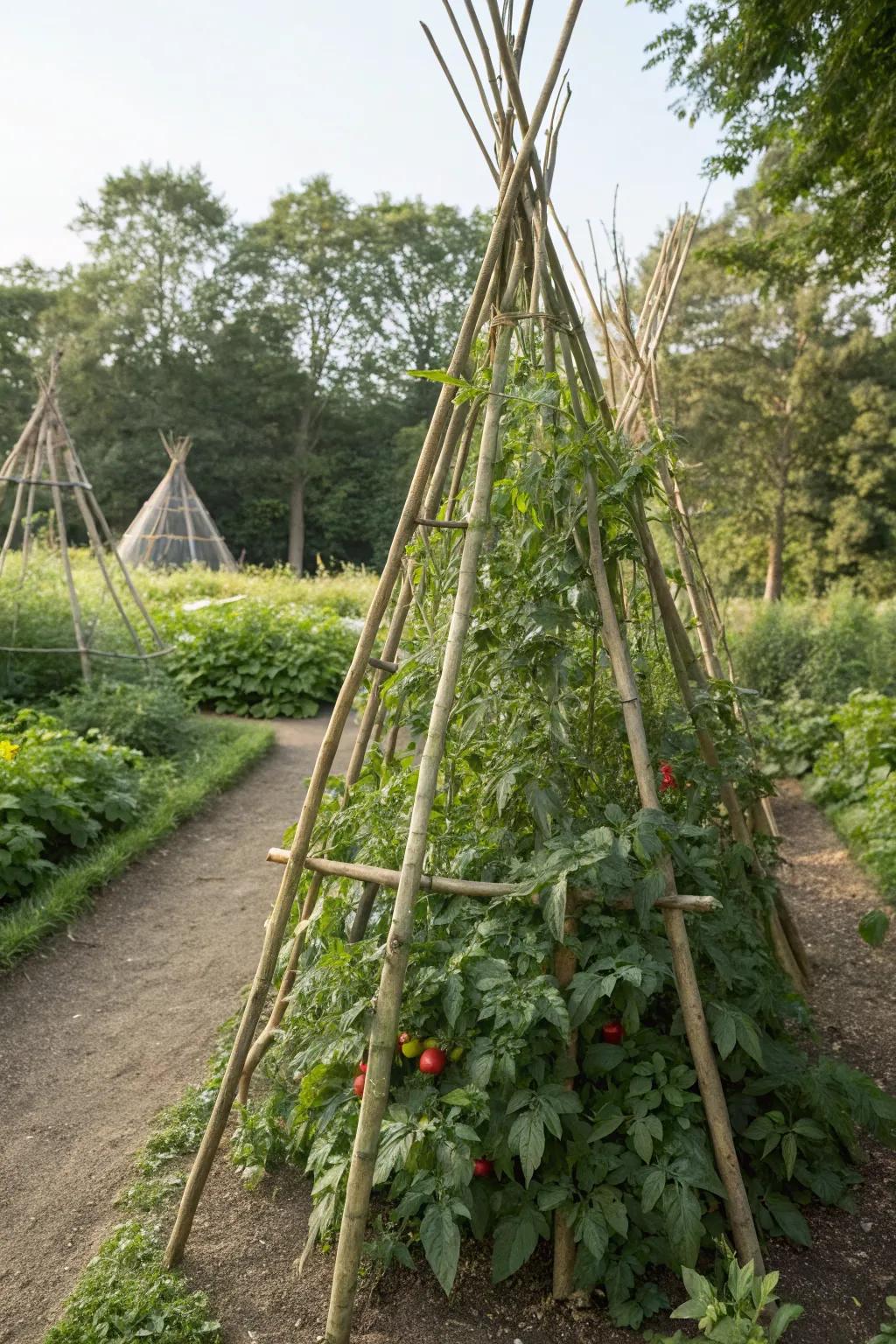 Bamboo teepee providing sturdy support for tomatoes.