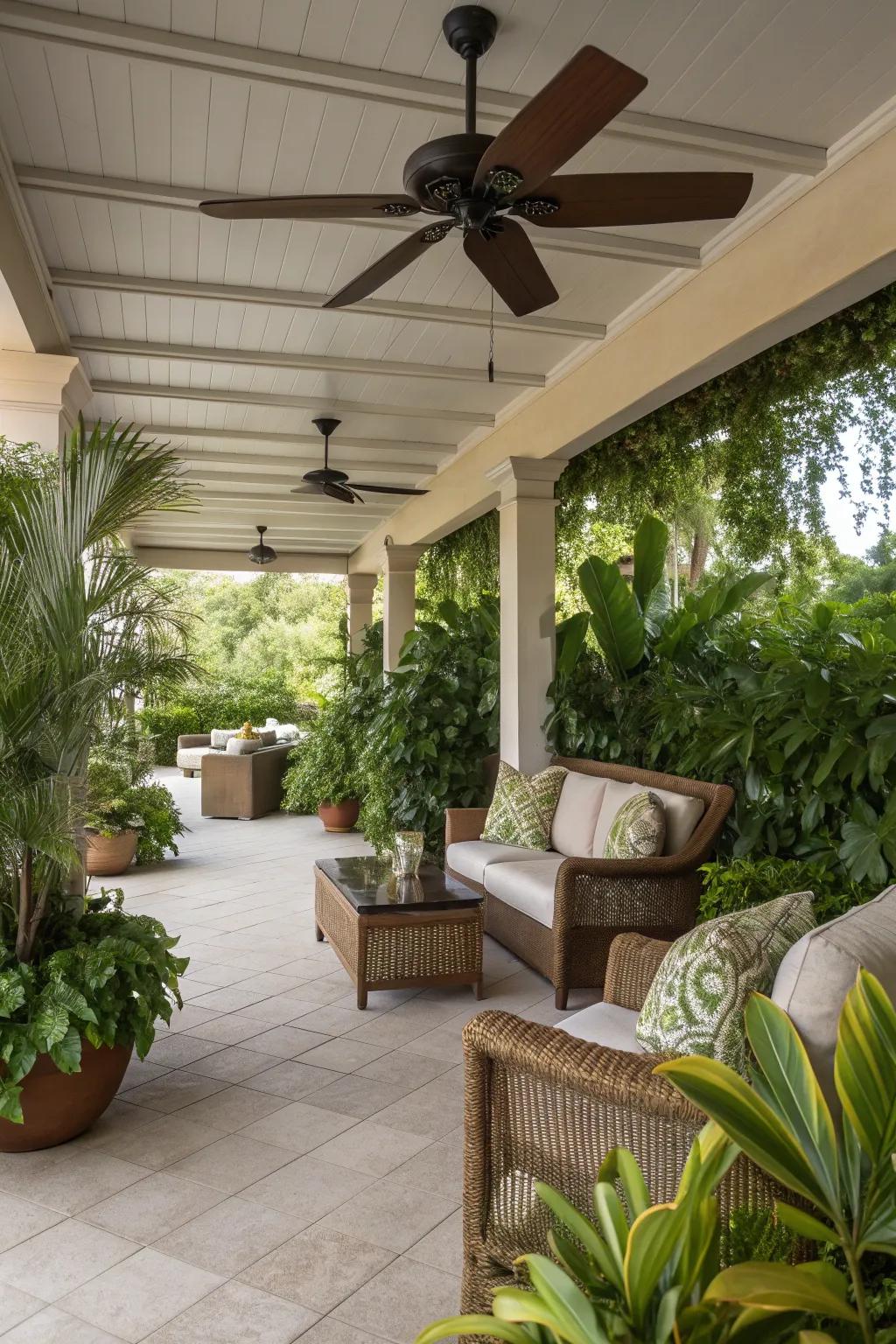 A ceiling fan adds both style and comfort to outdoor areas.