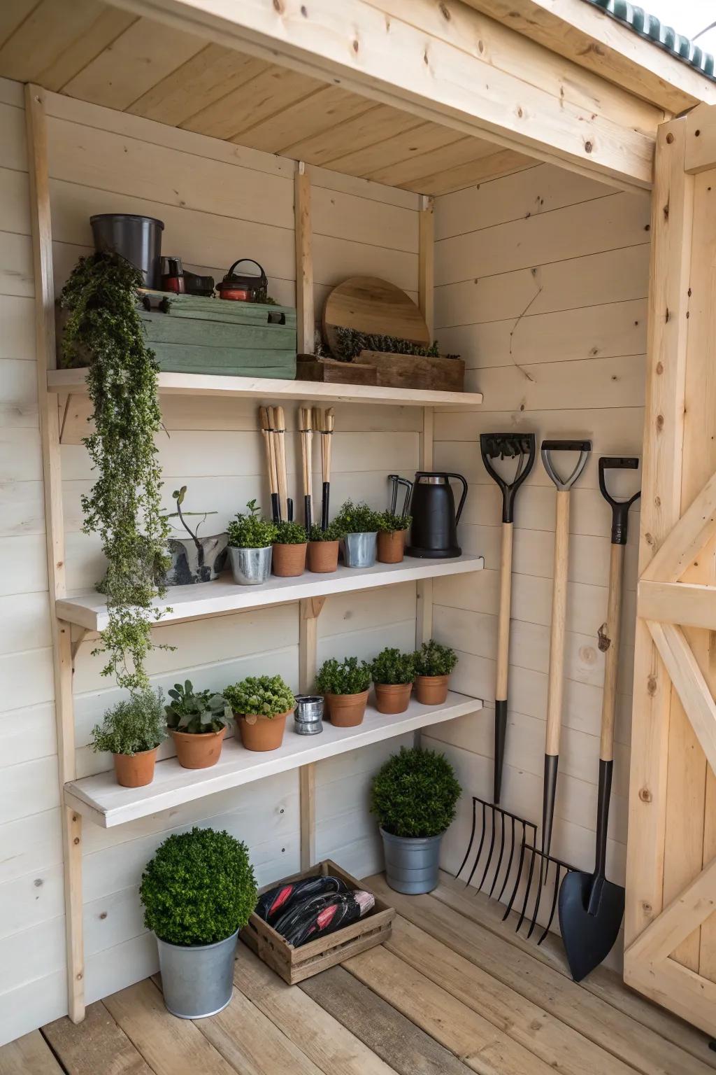 Floating shelves add storage and style to your shed.