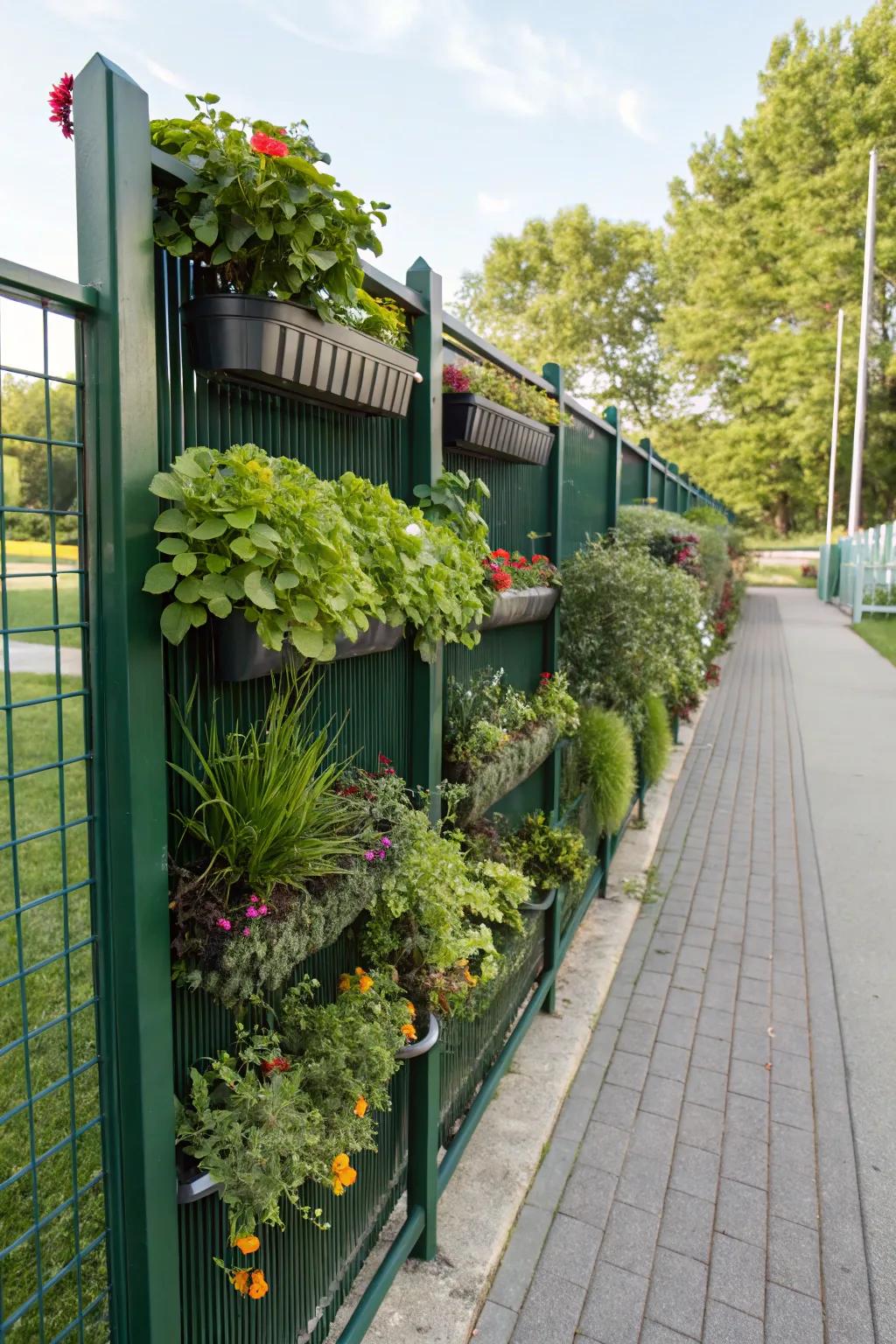 Vertical gardens transform fences into lush green walls.