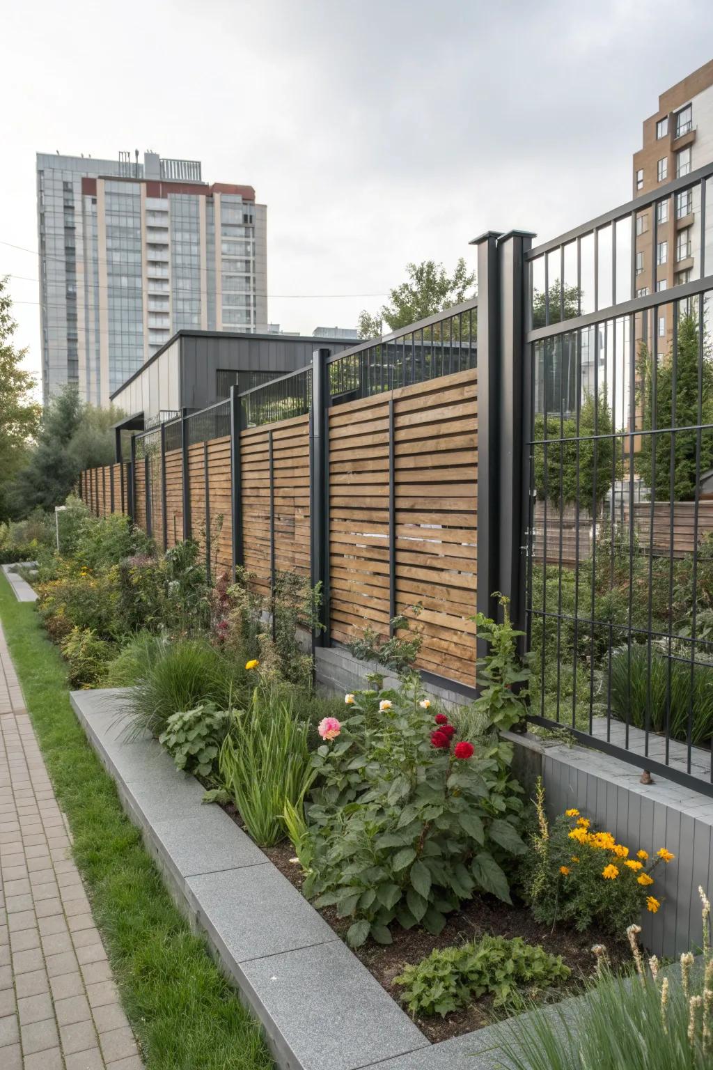 Metal and wood fusion fence adds industrial charm to your garden.