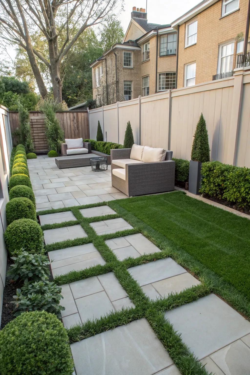 Stone paving provides a chic, low-maintenance alternative to grass.