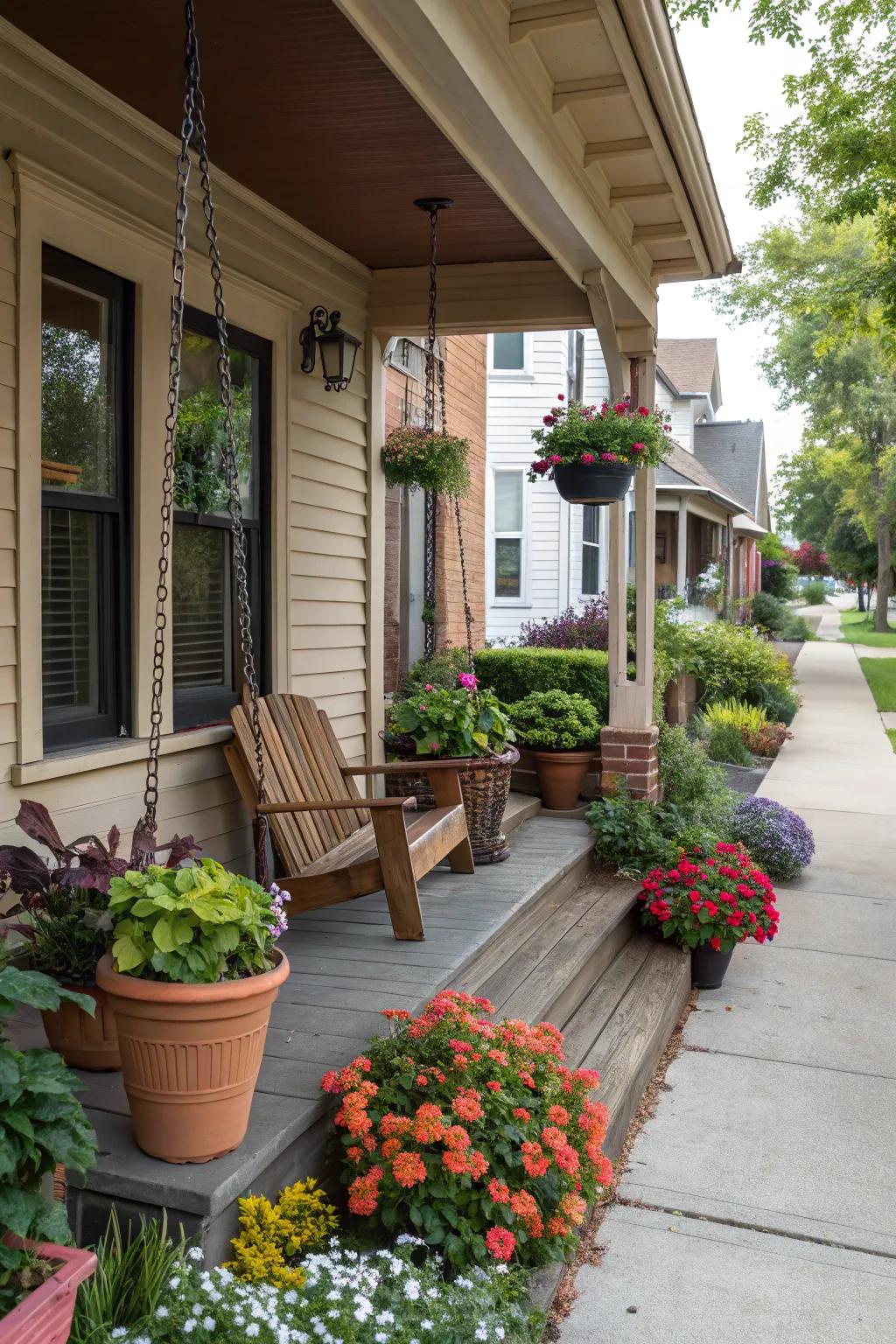 Lush potted plants bring life to the porch.