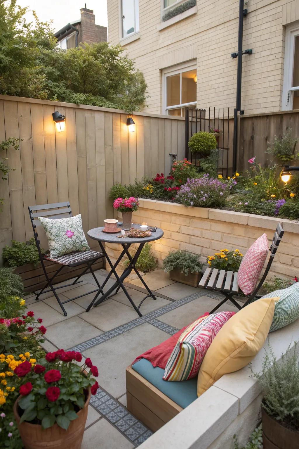 Cozy seating area in a townhouse garden with compact furniture and soft cushions.