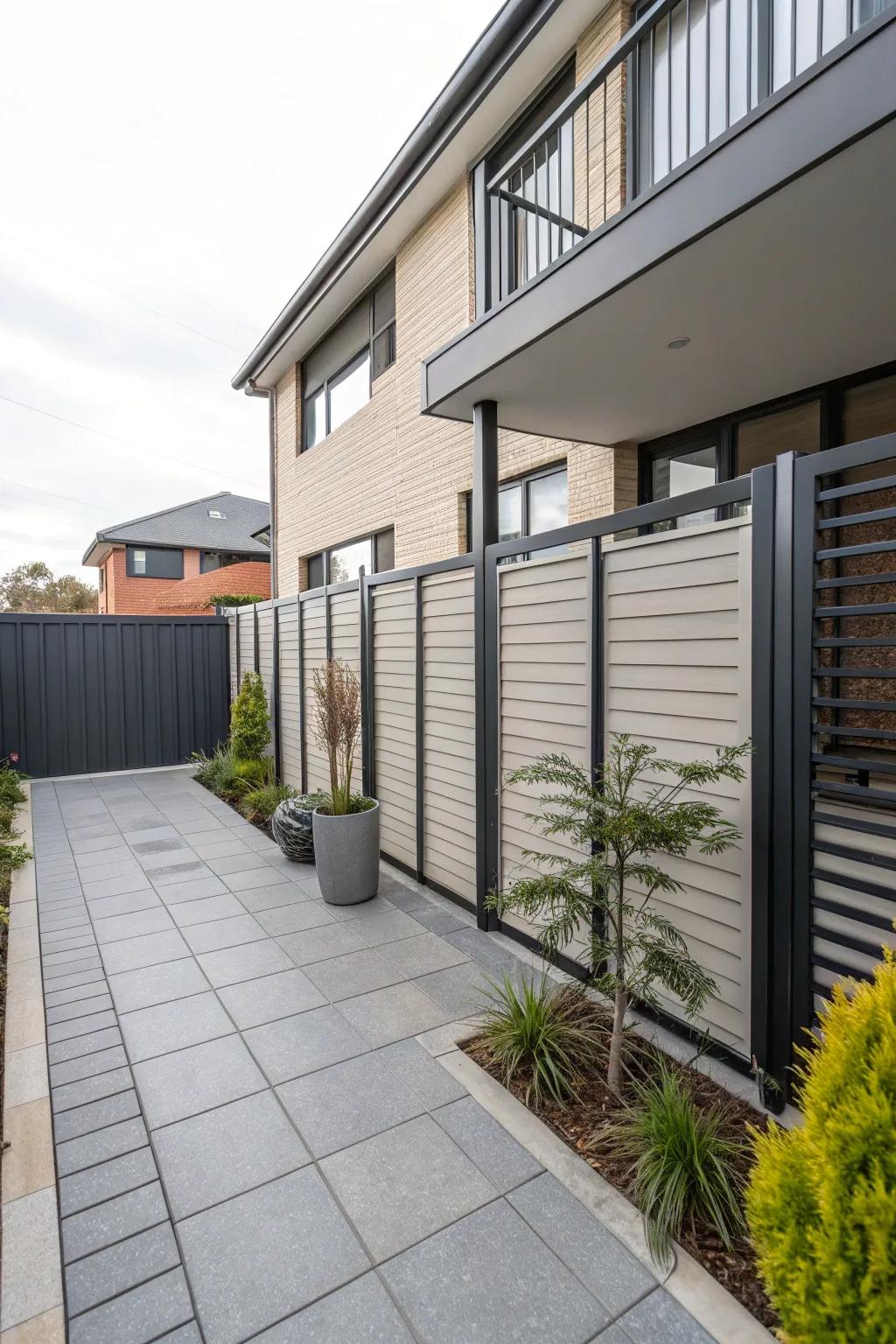 Modern metal panels offer a sleek and low-maintenance privacy solution.