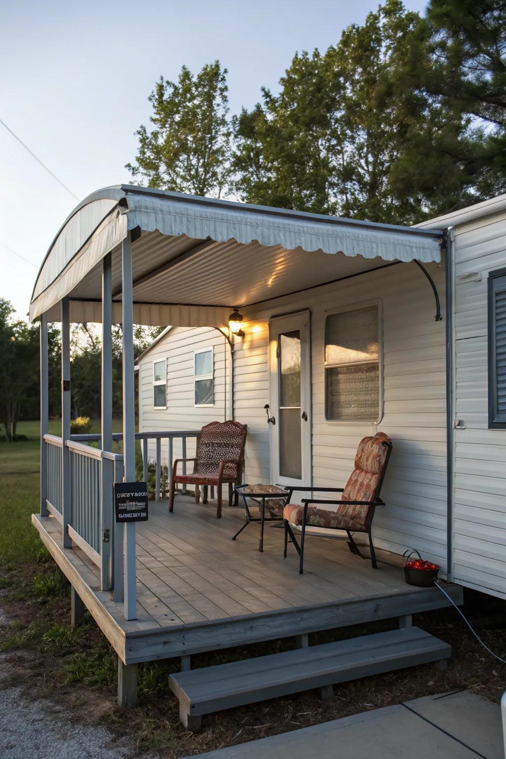 A covered trailer front porch with a canopy for shade and comfort.