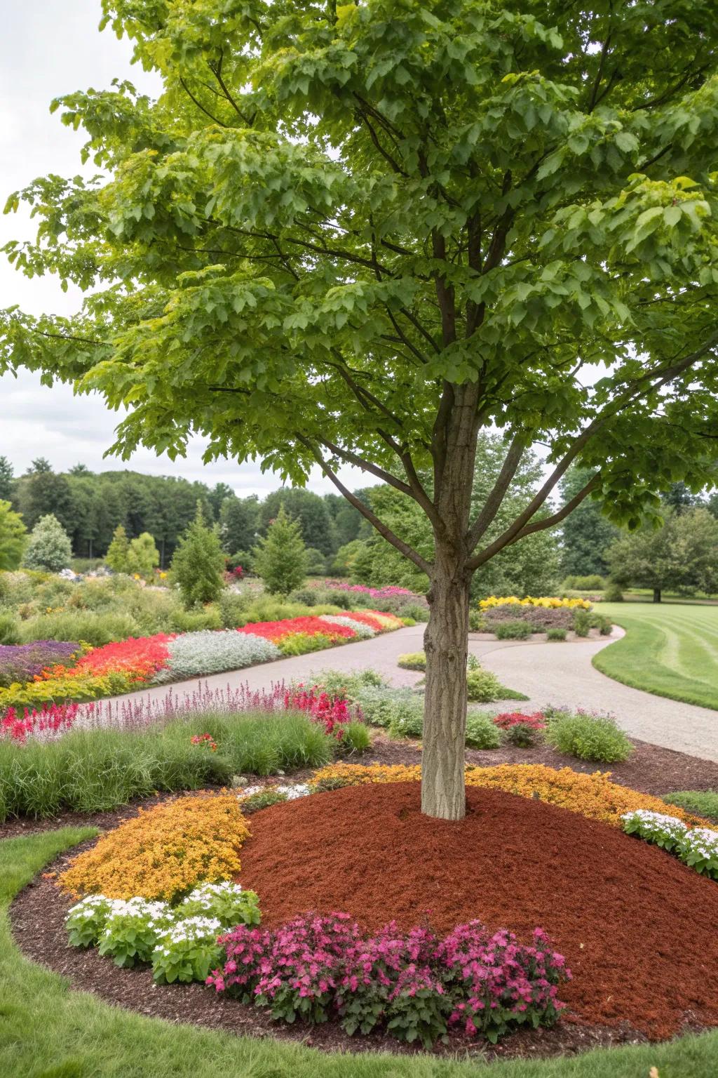 A tree bordered with rich, layered mulch.