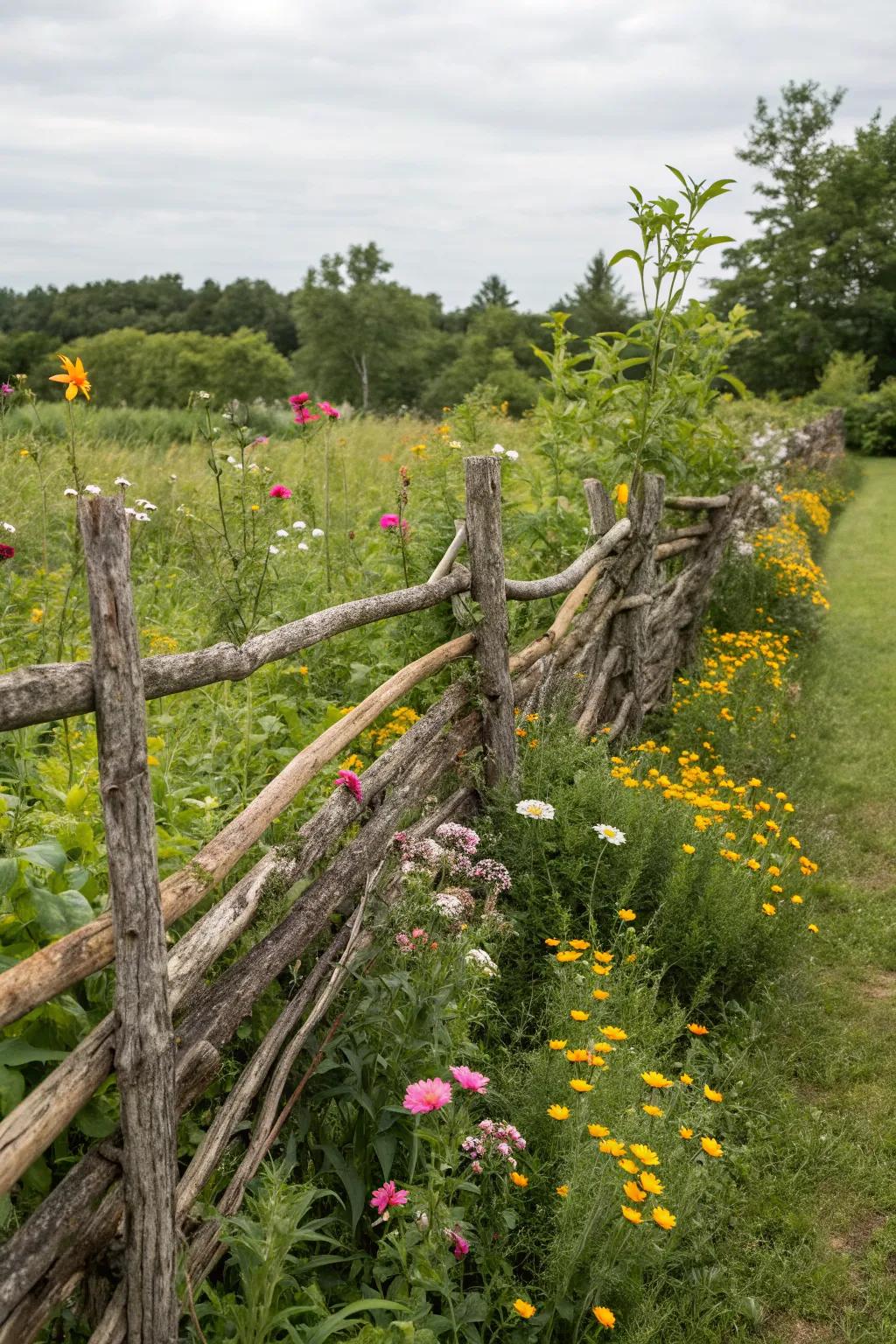 Capture the untamed essence of nature with a rustic twig fence.