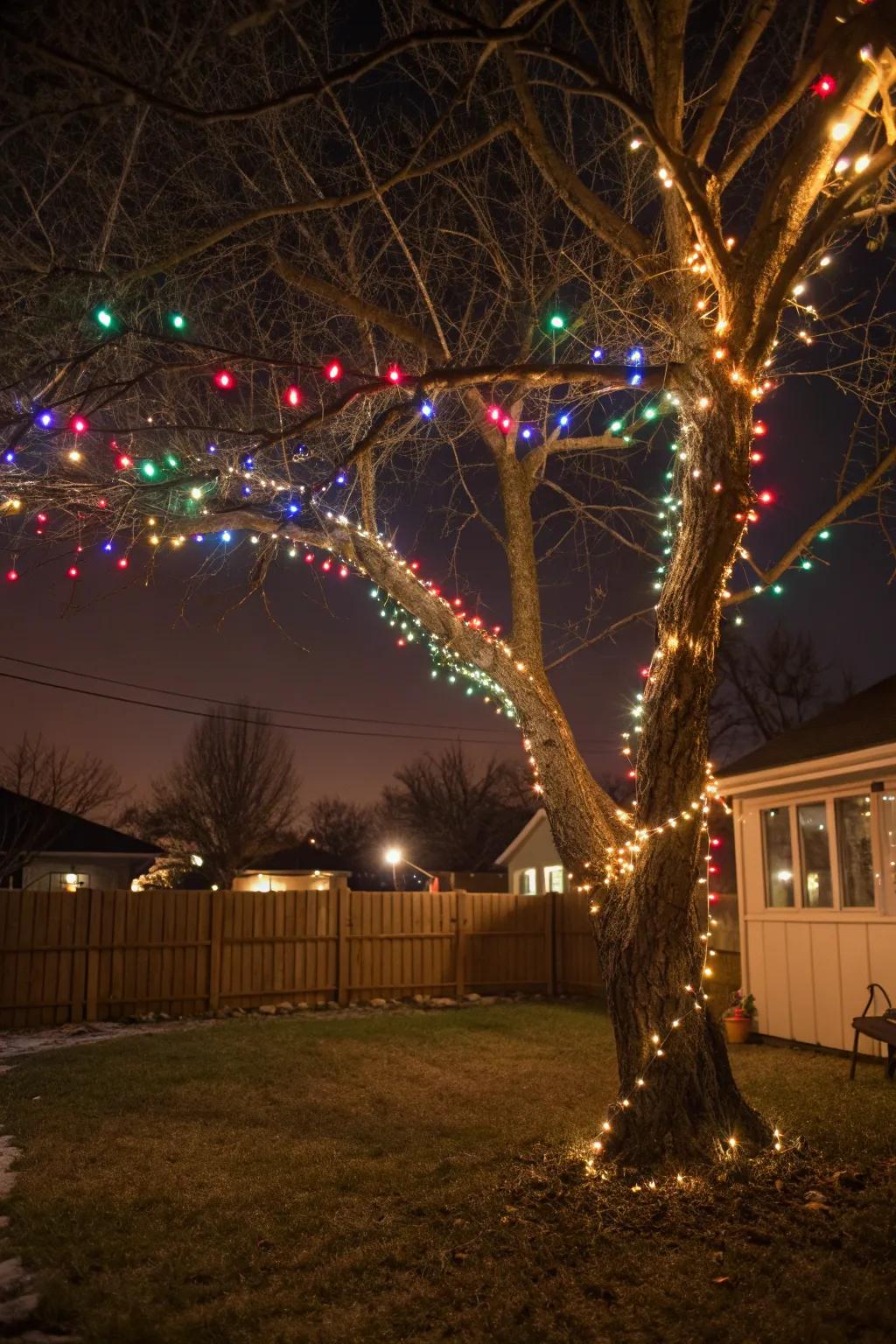 Tree glowing with twinkling LED lights in the evening