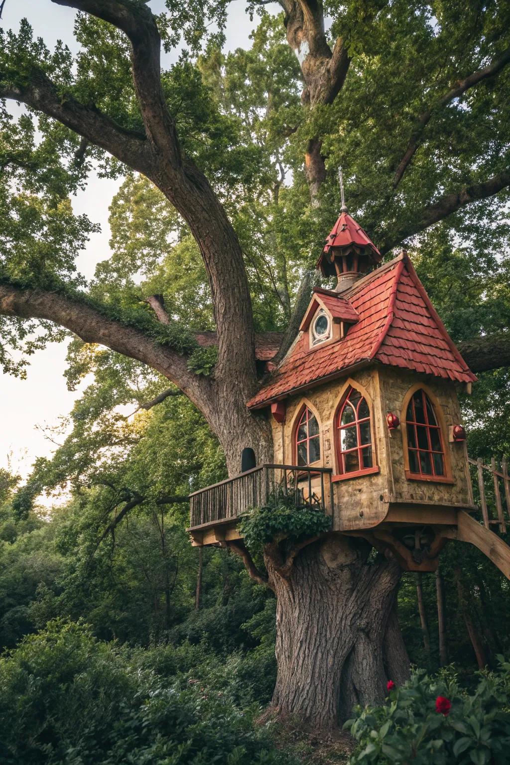 A fairytale tree house with arched windows and a bright red roof, perfect for sparking imagination.