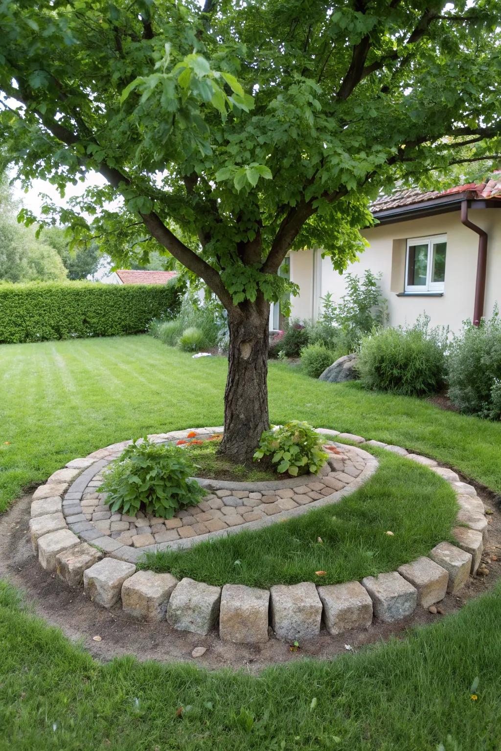 Stone borders add a touch of elegance to any tree landscape.