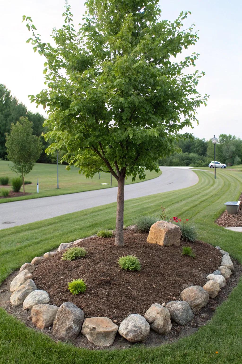 Mulch and rock borders add structure and beauty to tree bases.