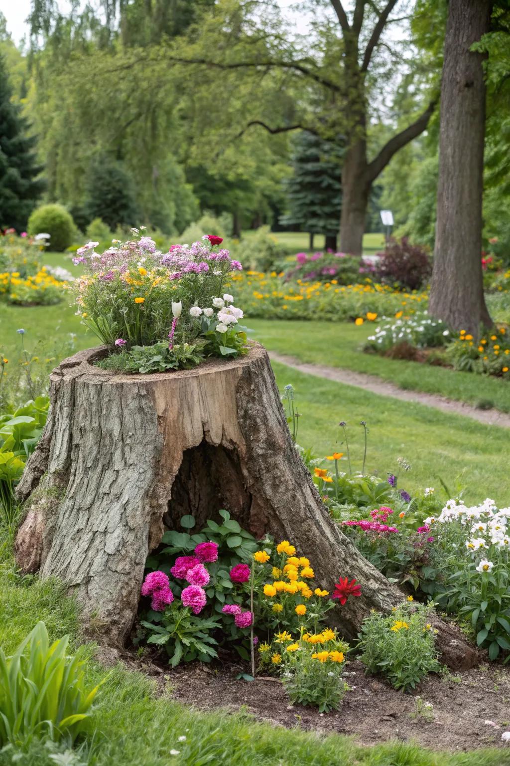 A tree stump turned into a vibrant flower planter.