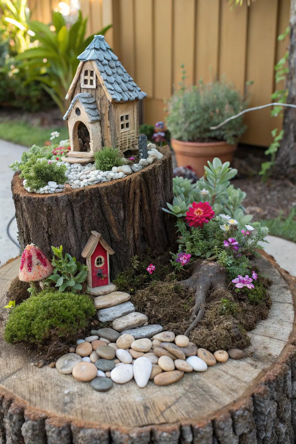 Create a magical fairy garden on your tree stump.