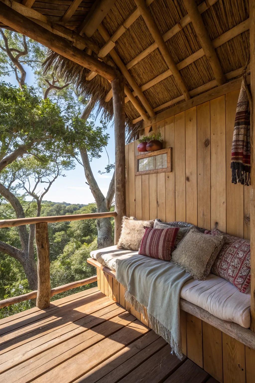 Wooden benches add charm and functionality to treehouse interiors.