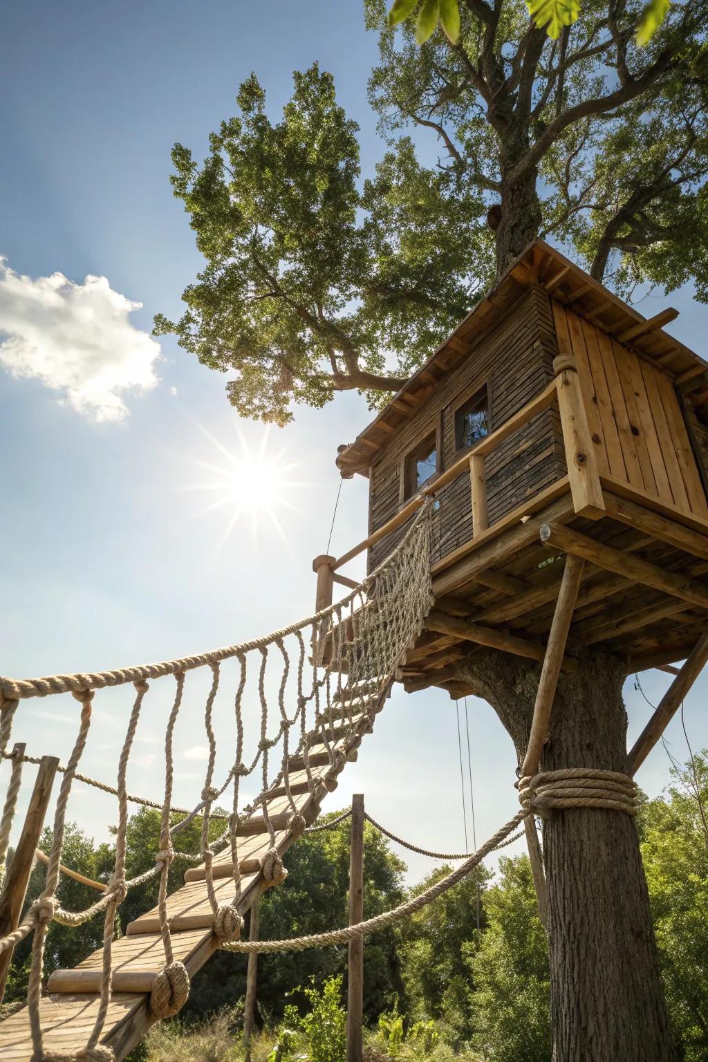 A treehouse exuding adventure with its nautical-inspired rope railings.