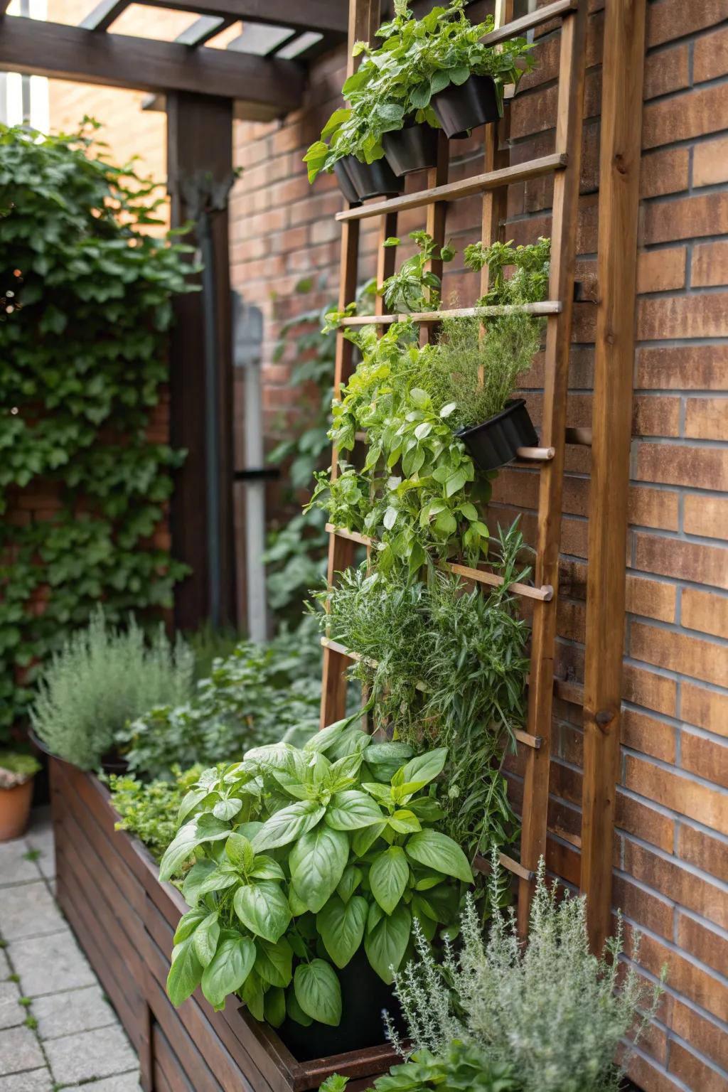 A vertical herb garden with planters mounted on a trellis.